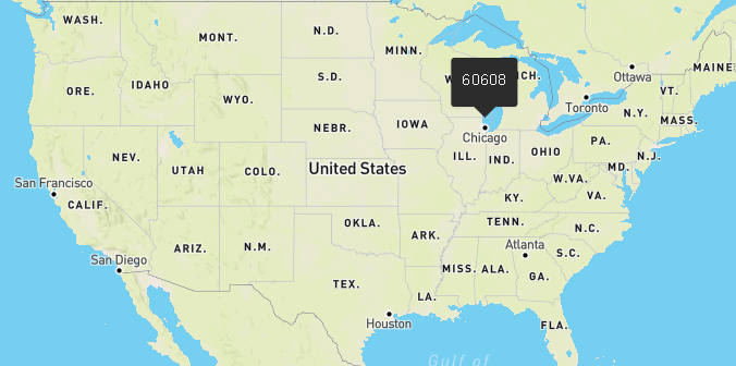 Illustration of a Chicago neighborhood zip code in the middle of a national map of the United States.   Mortgage default risk is local